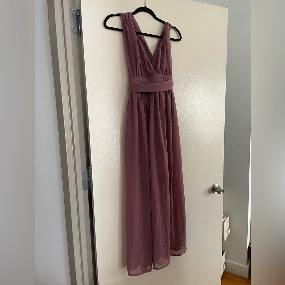 Mauve Purple Flowy Greek Twist Back Maxi Dress in size small Bridesmaid